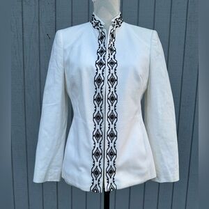 Talbots White and Black Blazer with Geometric Trim and Pockets